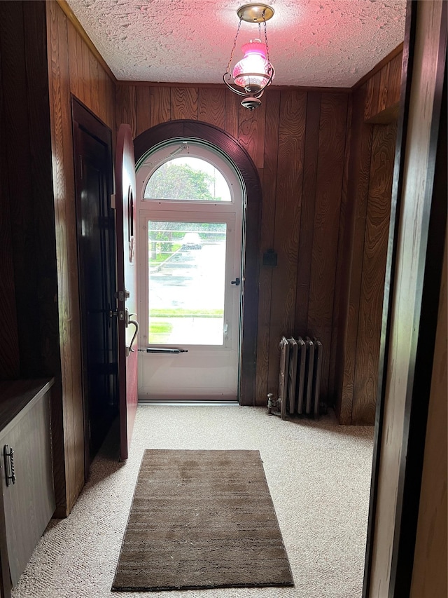 8 Alexine Ave, East Rockaway, NY 11518 - doorway to outside with radiator, light colored carpet, a textured ceiling, wooden walls, and arched walkways