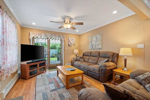 37 Swan Ln, Levittown, NY 11756 - living area featuring baseboard heating, ceiling fan, light wood-style floors, ornamental molding, and recessed lighting