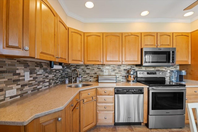 37 Swan Ln, Levittown, NY 11756 - kitchen with stainless steel appliances, crown molding, tasteful backsplash, light stone counters, and recessed lighting