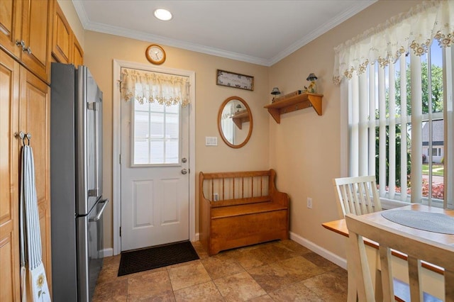 37 Swan Ln, Levittown, NY 11756 - doorway with crown molding and stone finish flooring