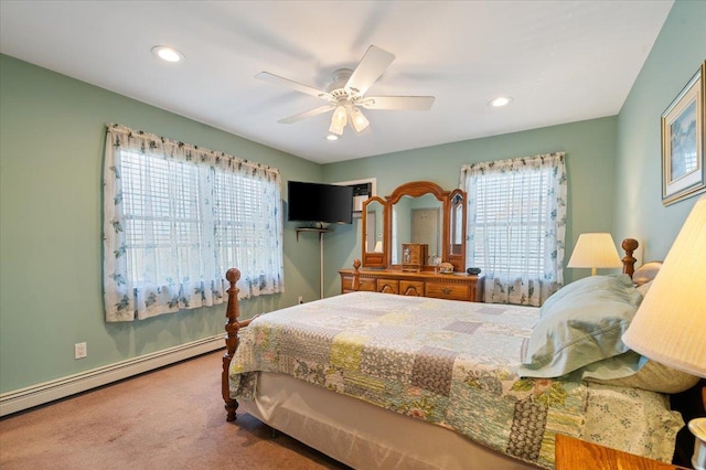 37 Swan Ln, Levittown, NY 11756 - carpeted bedroom with a baseboard radiator, recessed lighting, and ceiling fan