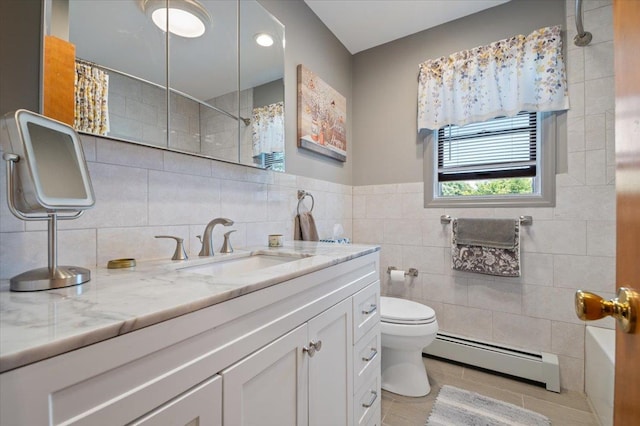 37 Swan Ln, Levittown, NY 11756 - full bath with baseboard heating, vanity, curtained shower, tile walls, and tile patterned flooring