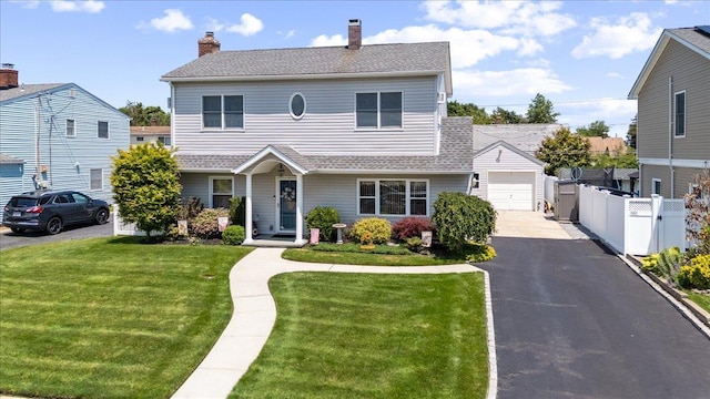 37 Swan Ln, Levittown, NY 11756 - view of front of home with asphalt driveway, an attached garage, a chimney, and roof with shingles