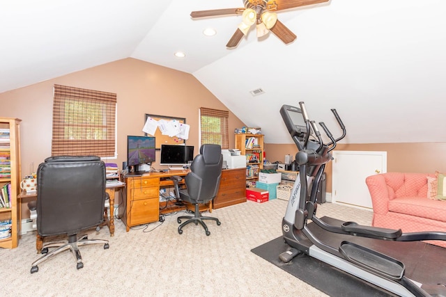 44 Croft Ln, Smithtown, NY 11787 - carpeted home office featuring vaulted ceiling, a ceiling fan, and recessed lighting