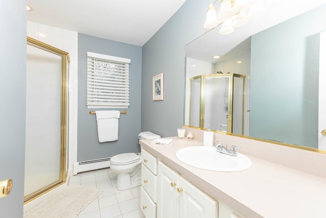 44 Croft Ln, Smithtown, NY 11787 - bathroom with baseboard heating, a stall shower, tile patterned flooring, vanity, and toilet