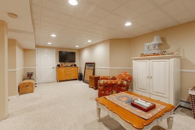 44 Croft Ln, Smithtown, NY 11787 - living area featuring light carpet, recessed lighting, a baseboard heating unit, and baseboards