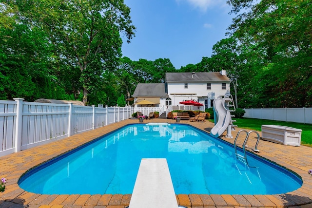 44 Croft Ln, Smithtown, NY 11787 - view of pool featuring a water slide, a diving board, a patio, and a fenced backyard