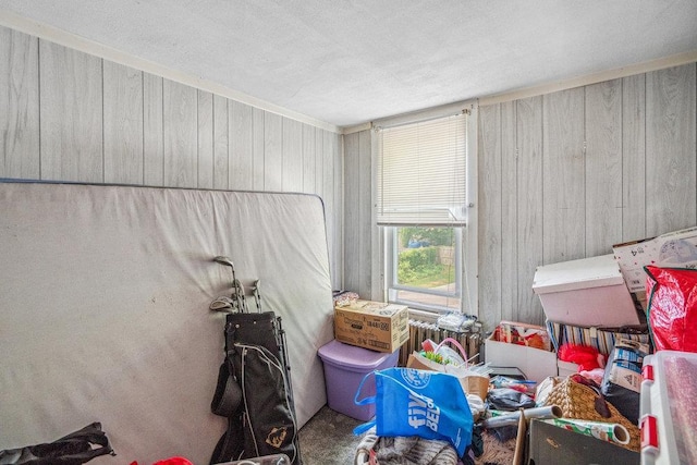 227 N Railroad Ave, Babylon, NY 11702 - bedroom featuring wood walls, radiator heating unit, and a textured ceiling
