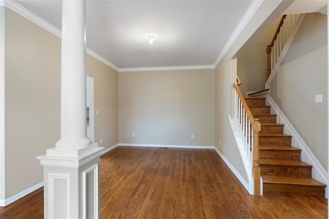 38 Woodside Knolls Dr, Middletown, NY 10940 - unfurnished living room with wood finished floors, ornamental molding, stairway, and decorative columns