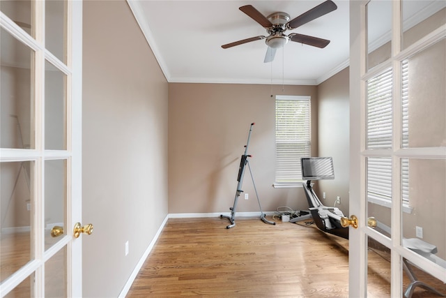 38 Woodside Knolls Dr, Middletown, NY 10940 - workout area featuring french doors, ornamental molding, wood finished floors, and a ceiling fan