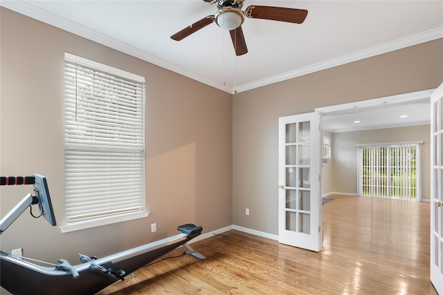 38 Woodside Knolls Dr, Middletown, NY 10940 - exercise area featuring ornamental molding, light wood finished floors, a ceiling fan, and french doors