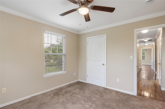 38 Woodside Knolls Dr, Middletown, NY 10940 - unfurnished bedroom with multiple windows, ornamental molding, carpet floors, and ceiling fan