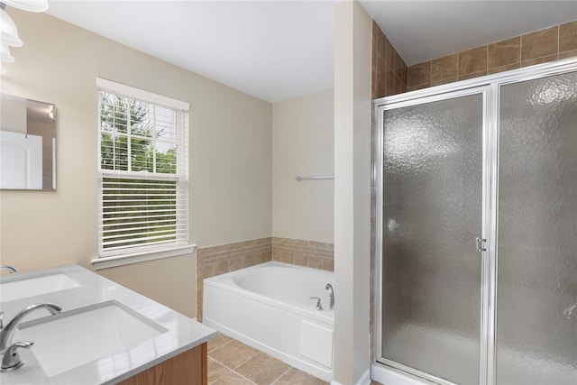 38 Woodside Knolls Dr, Middletown, NY 10940 - bathroom with double vanity, a shower stall, a bath, and tile patterned flooring