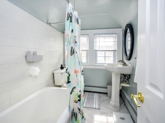 20 Oldwood Rd, Port Washington, NY 11050 - full bathroom featuring baseboard heating, marble look tile flooring, shower / bath combo, and vaulted ceiling