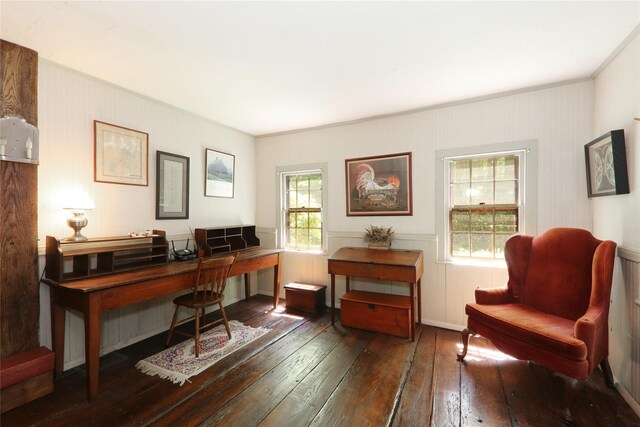 office with wood-type flooring and ornamental molding