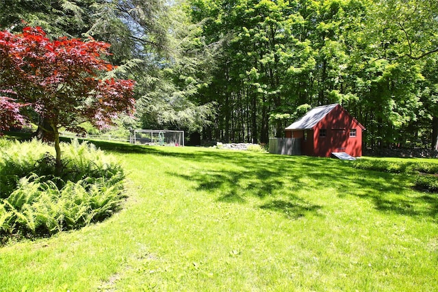 view of grassy yard featuring a shed and a wooded view
