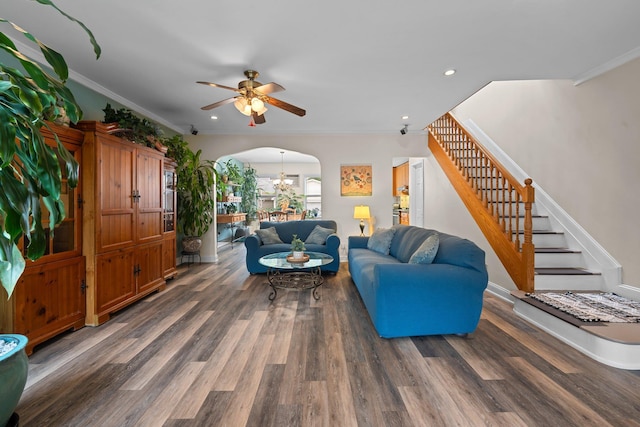 78-32 76th St, Glendale, NY 11385 - living area with stairway, arched walkways, wood finished floors, a ceiling fan, and recessed lighting