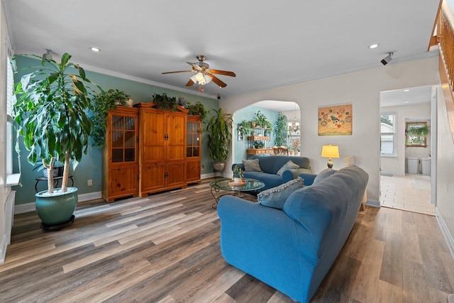 78-32 76th St, Glendale, NY 11385 - living area featuring a ceiling fan, wood finished floors, arched walkways, baseboards, and ornamental molding