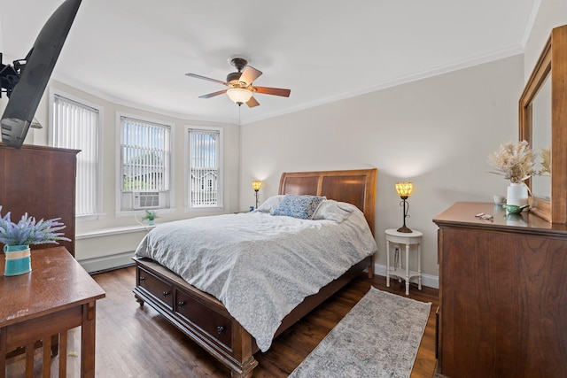 78-32 76th St, Glendale, NY 11385 - bedroom with ornamental molding, a baseboard heating unit, dark wood finished floors, a ceiling fan, and cooling unit