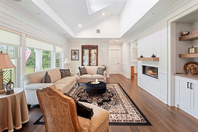 77 Crabapple Rd, Manhasset, NY 11030 - living area featuring dark wood-type flooring, a glass covered fireplace, recessed lighting, vaulted ceiling, and a skylight