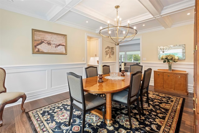 77 Crabapple Rd, Manhasset, NY 11030 - dining room with coffered ceiling, dark wood-type flooring, a chandelier, beamed ceiling, and a wainscoted wall