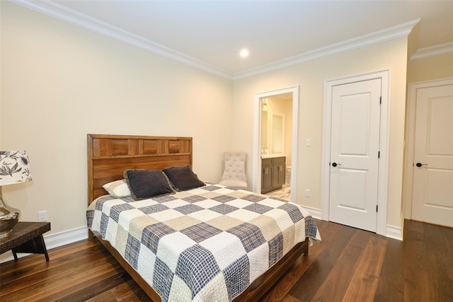 77 Crabapple Rd, Manhasset, NY 11030 - bedroom featuring ornamental molding, dark wood-style flooring, recessed lighting, and ensuite bath