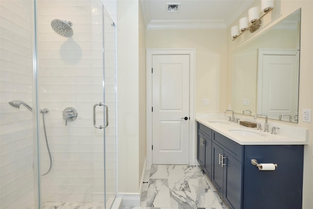 77 Crabapple Rd, Manhasset, NY 11030 - bathroom with marble finish flooring, a shower stall, double vanity, and crown molding