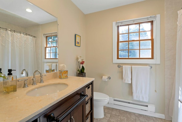 38 Sunset Dr, Brewster, NY 10509 - full bathroom featuring baseboard heating, vanity, tile patterned floors, a shower with shower curtain, and recessed lighting