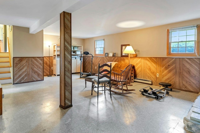 38 Sunset Dr, Brewster, NY 10509 - living area with wainscoting, a baseboard radiator, wood walls, and stairs