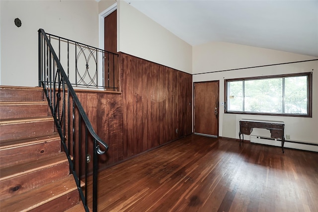 6 Pequot Ave, Port Washington, NY 11050 - stairway with lofted ceiling, wood-type flooring, and a baseboard heating unit