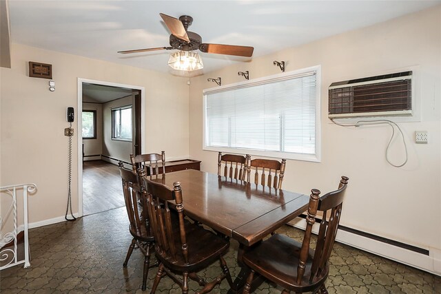 6 Pequot Ave, Port Washington, NY 11050 - dining room with ceiling fan, baseboards, an AC wall unit, and a baseboard heating unit