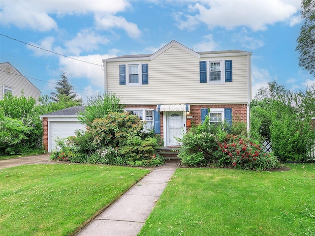 2195 3rd St, East Meadow, NY 11554 - colonial-style house featuring brick siding, a front yard, and a detached garage
