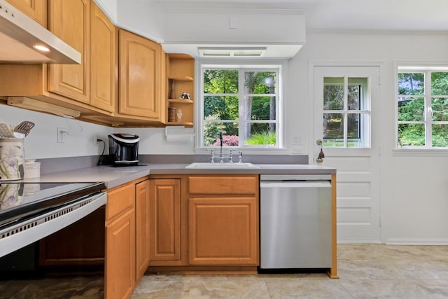 5 Ridgeview Dr, Pleasantville, NY 10570 - kitchen featuring dishwasher, under cabinet range hood, black / electric stove, plenty of natural light, and ornamental molding