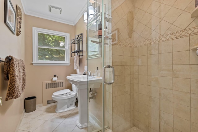 5 Ridgeview Dr, Pleasantville, NY 10570 - bathroom with radiator heating unit, ornamental molding, a stall shower, and tile patterned flooring