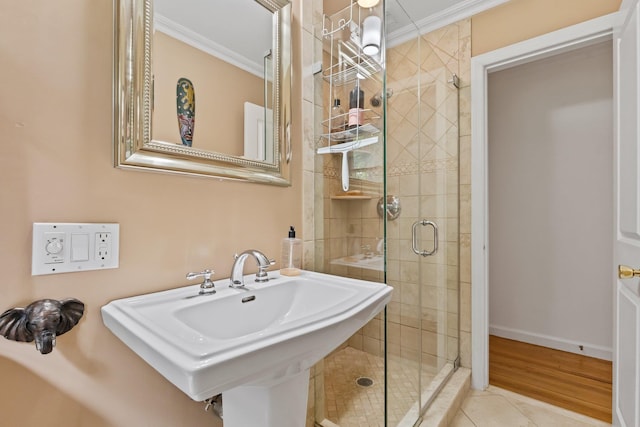 5 Ridgeview Dr, Pleasantville, NY 10570 - bathroom featuring crown molding, a shower stall, and tile patterned flooring