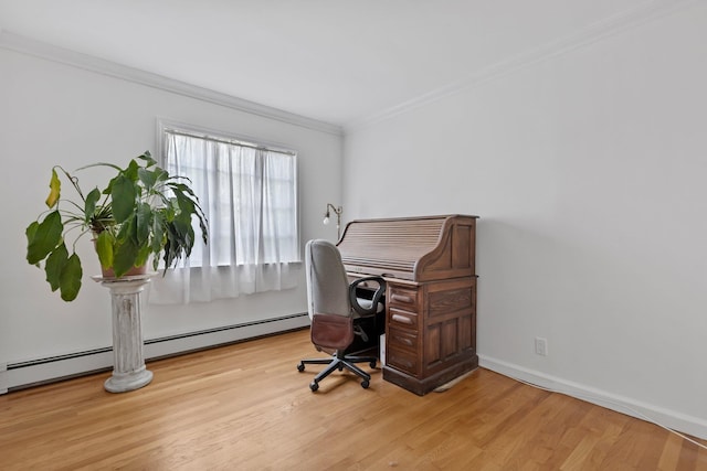 5 Ridgeview Dr, Pleasantville, NY 10570 - home office featuring crown molding, a baseboard radiator, and wood finished floors