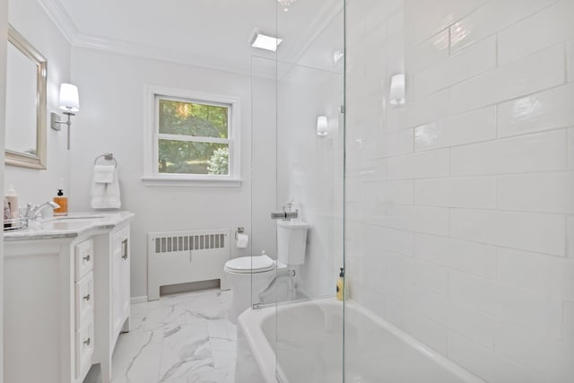 5 Ridgeview Dr, Pleasantville, NY 10570 - full bathroom featuring radiator, vanity, marble look tile flooring, ornamental molding, and bathing tub / shower combination