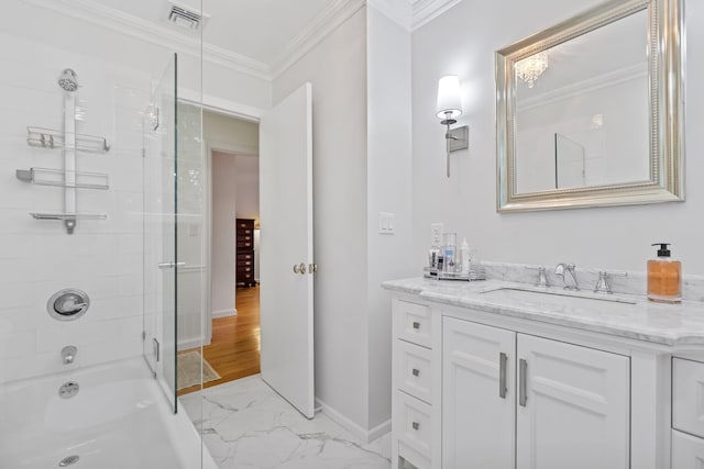 5 Ridgeview Dr, Pleasantville, NY 10570 - bathroom featuring marble finish floors, ornamental molding, vanity, and washtub / shower combination