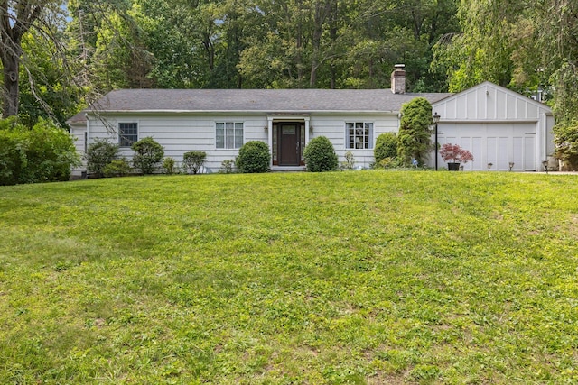 5 Ridgeview Dr, Pleasantville, NY 10570 - ranch-style house featuring a front yard, a garage, and a chimney