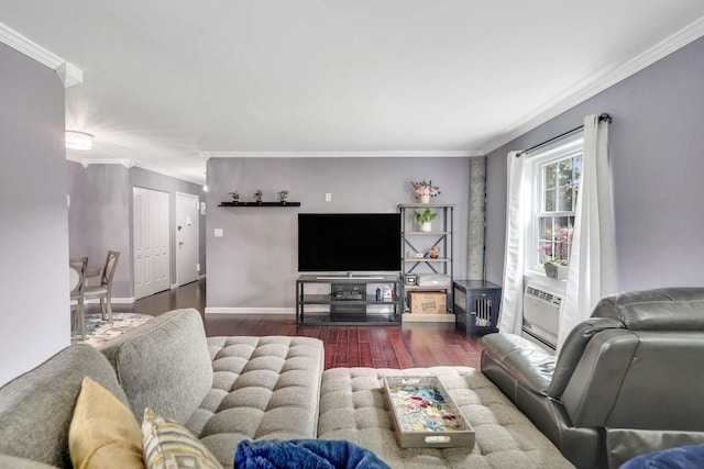 460 Old Town Rd Unit 10A, Port Jefferson Station, NY 11776 - living room with wood finished floors, crown molding, and cooling unit
