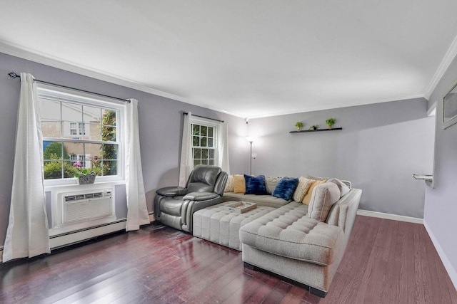 460 Old Town Rd Unit 10A, Port Jefferson Station, NY 11776 - living room featuring crown molding, dark wood finished floors, a wall unit AC, and a baseboard radiator