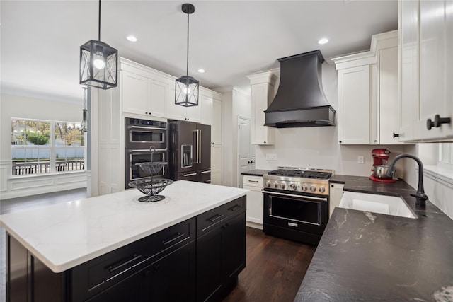 117 Currans, Middle Island, NY 11953 - kitchen with premium range hood, high end appliances, a sink, dark cabinetry, and white cabinetry