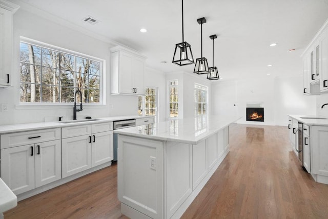 117 Currans, Middle Island, NY 11953 - kitchen with a sink, dishwasher, a warm lit fireplace, white cabinetry, and recessed lighting