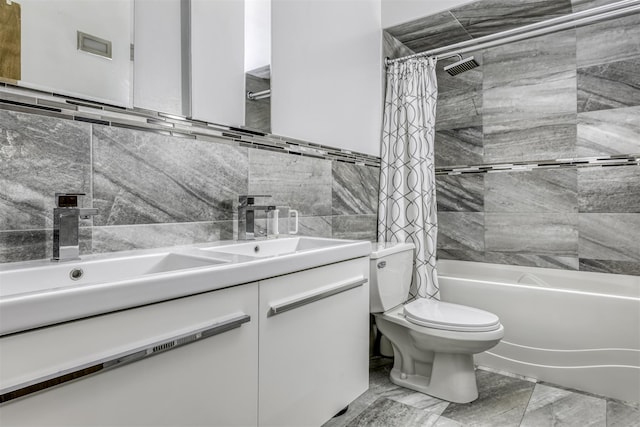 78 College Rd, Monsey, NY 10952 - full bathroom with double vanity, tile walls, and shower / bath combo with shower curtain