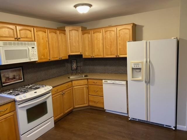 5 Appletree Dr, Saugerties, NY 12477 - kitchen with white appliances, a sink, decorative backsplash, and dark wood-type flooring