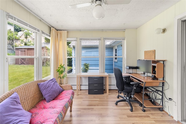 62 Murray Ave, Yonkers, NY 10704 - office featuring a ceiling fan, a baseboard heating unit, light wood finished floors, a baseboard radiator, and a textured ceiling