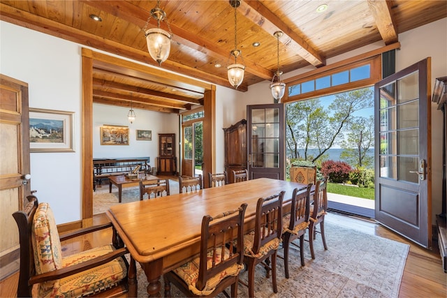 215 Hillcrest Dr N, Orient, NY 11957 - dining area featuring a wooden ceiling with exposed beams and light wood-type flooring