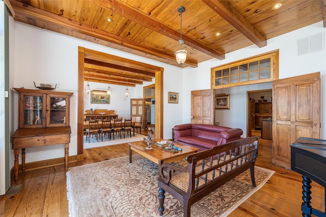 215 Hillcrest Dr N, Orient, NY 11957 - living room featuring a wood ceiling with exposed beams, hardwood / wood-style flooring, and recessed lighting
