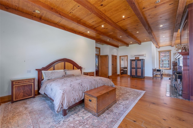 215 Hillcrest Dr N, Orient, NY 11957 - bedroom with a wood ceiling with exposed beams, hardwood / wood-style floors, and recessed lighting