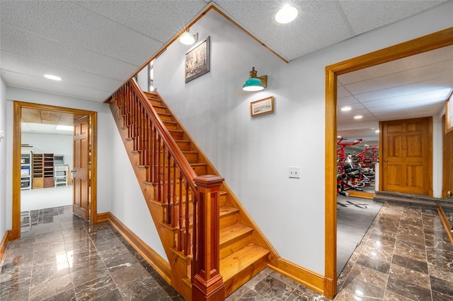 215 Hillcrest Dr N, Orient, NY 11957 - stairs featuring a paneled ceiling and recessed lighting